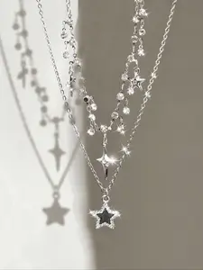 2pcs Dainty Star & Inlaid Layered Necklaces, High-End Feeling, Cool & Chic Style, Trendy Cross Pendant, Sweet & Cool Combination, Dainty Fashion Jewelry