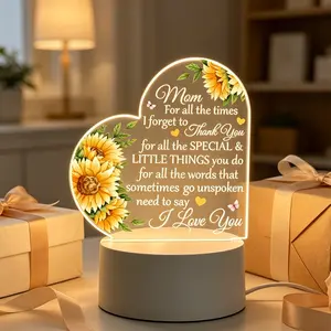2D Flat Heart Sunflower Acrylic Sign Night Light for Mom, Mom Thank You Quote LED Desk Lamp, Sentimental Mother’s Day Birthday Thanksgiving Christmas Gift for Mother Mommy