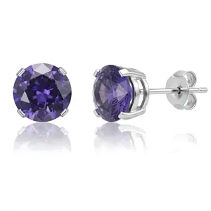 925 Sterling Silver Stud Earrings Rhodium Plated Amethyst CZ Round Cut (5mm)