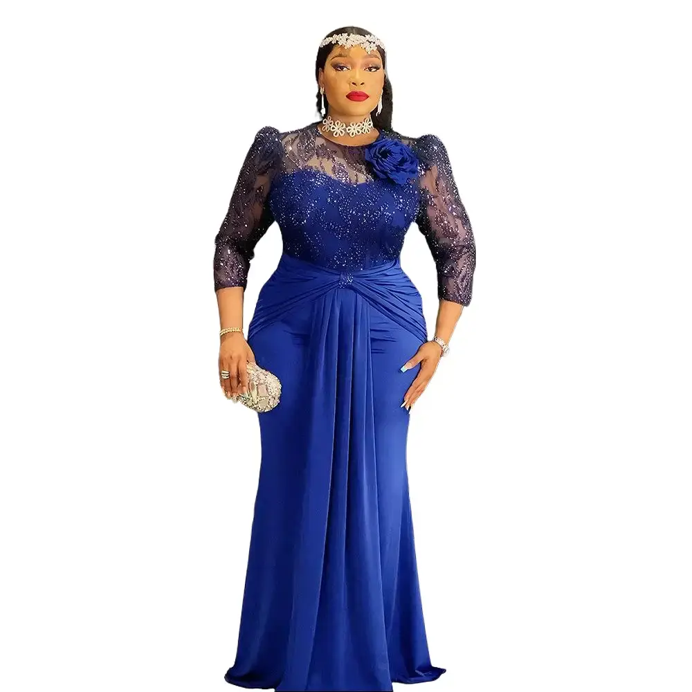 Women's Curvy Fit Plus Size Fashion Sequin Tiered Kaftan Maxi Formal Evening Dress - Long Sleeve Polyester Below Ankle Gown with Matching Purse, Metallic for Occasions