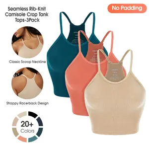 ODODOS Women's Crop 3-Pack Seamless (No Padding) Rib-Knit Camisole Tank Tops - Stretchy 4-Way Fabric for Yoga & Workouts - Soft Lightweight Design, summerwins