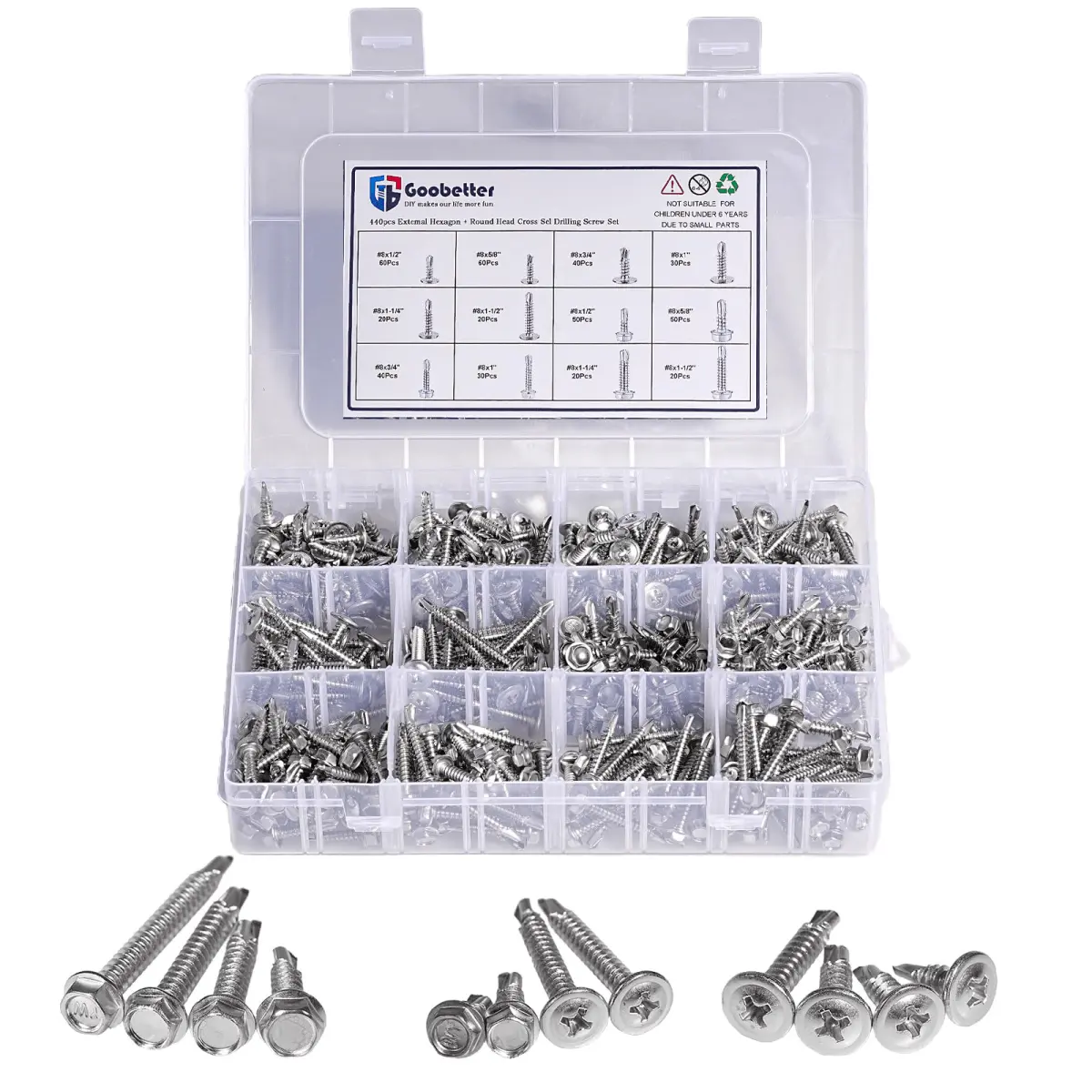 410 Stainless Steel Self-Tapping Sheet Screws Assortment Kit, 390-Piece High Hardness Steel Fasteners, Universal for Sheet Metal & Industrial Machinery