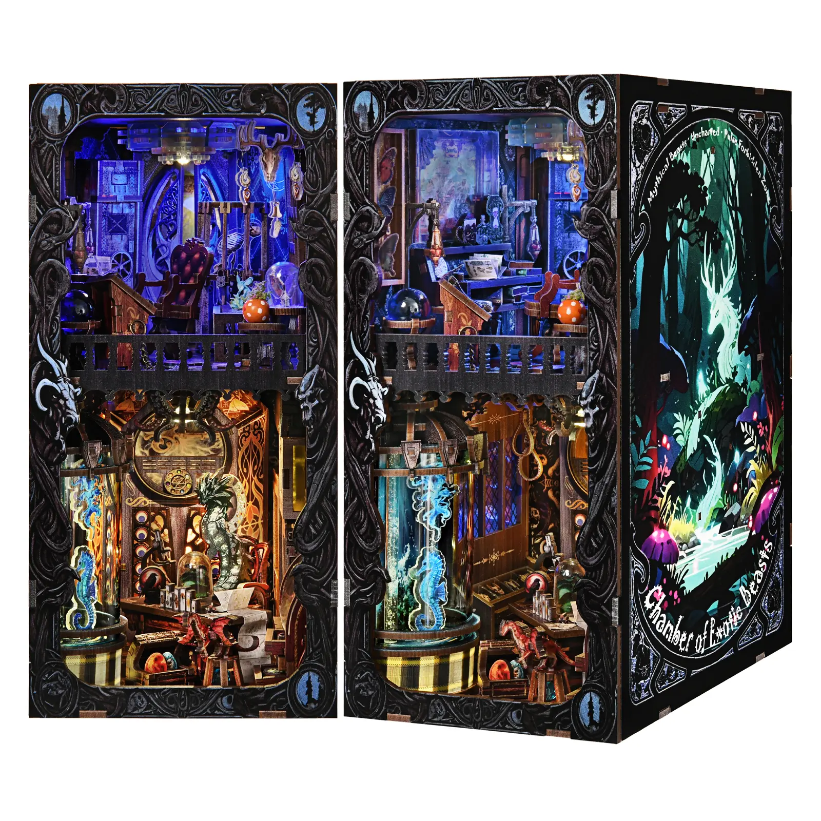 DIY Book Nook Kit + Fantasy Creature Lab Decor Bookshelf Decor Bookcase Lights + Mother's Day Gift + 305-Piece LED Lighting Miniature Magic Glow + Chamber of Exotic Beasts for Book Lovers Fantasy Fans + LED Fantasy Creature + Hobby Gift