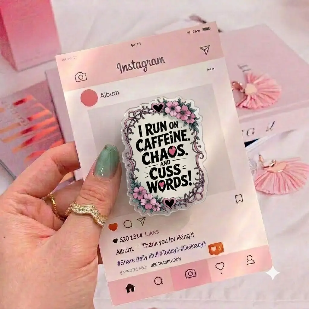Funny Quote Phone Grip - Aesthetic Floral Griptok for Smartphone - Sassy Caffeine & Chaos Phone Holder Stand