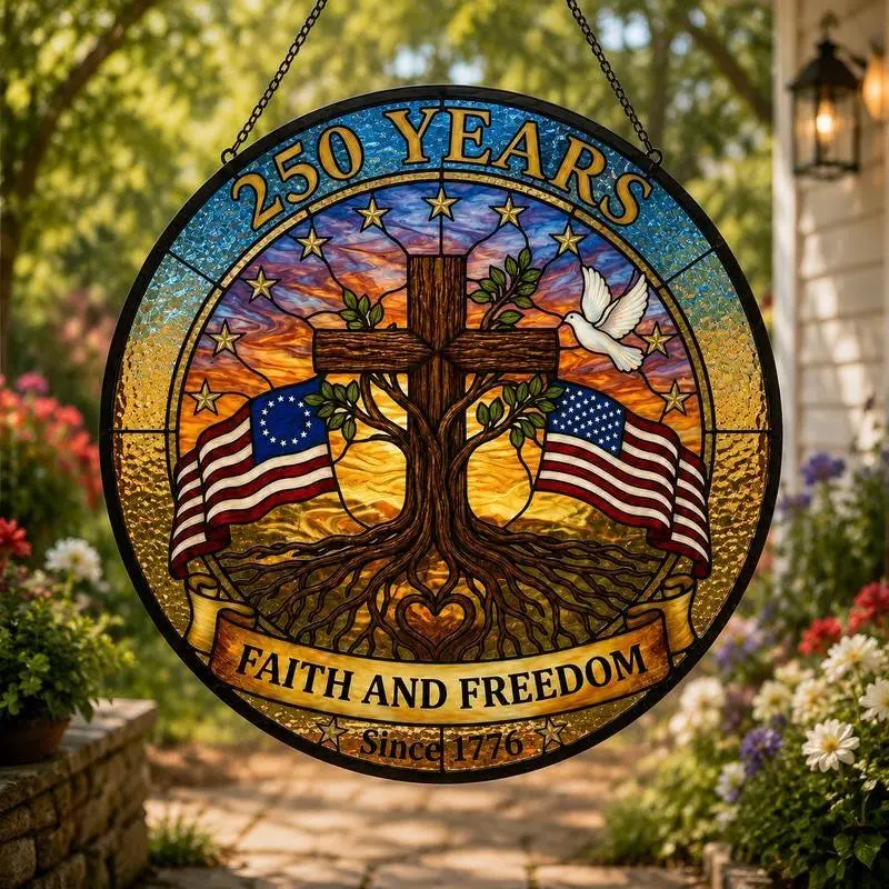 [Made in US] Faith Freedom Patriotic Glass Suncatcher, American Flag Cross Window Hanging, USA 250th Anniversary Decor, Christian Patriotic Suncatcher