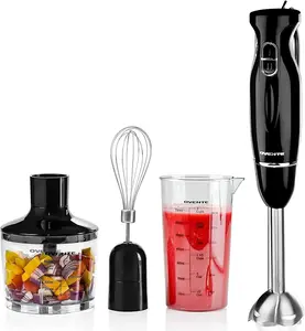 OVENTE Immersion Electric Hand Blender 300 Watt Power 2 Mix Speed with Stainless Steel Blades, Handheld Stick Mixer Set with Egg Whisk Attachment Mixing Beaker and BPA-Free Food Chopper, Black HS565B