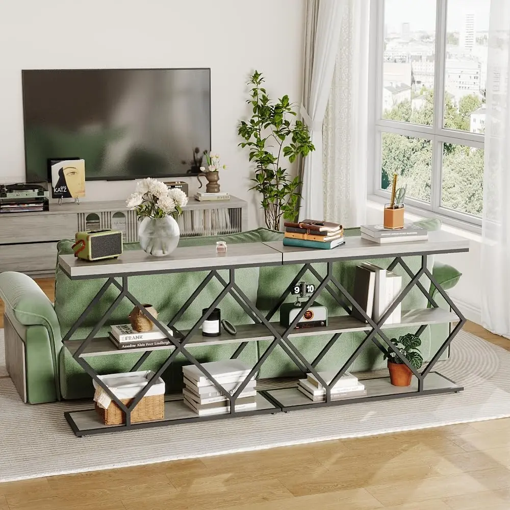 3-Tier Narrow Farmhouse Console Table for Living Room – Entryway Accent Furniture with Storage Shelves, Geometric Metal Legs, Easy Assembly, Rustic Style