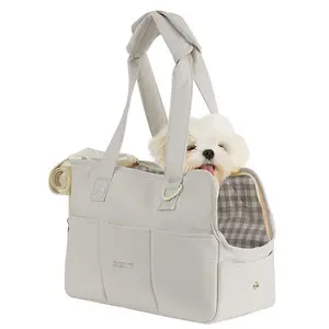 Cozy Cotton Soft Gray Pet Carrier for Small Dogs Cats Rabbits, Travel-Ready Foldable Puppy Bag with Spacious Organizer Pockets, Portable Kitten Carrier with Safety Tether & Ventilated Mesh