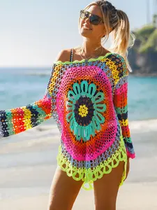 Popvil The Cutest Crochet Beach Cover-Up  | Colorful Striped Bell Sleeve Mini Dress | Boho Summer Festival Outfit