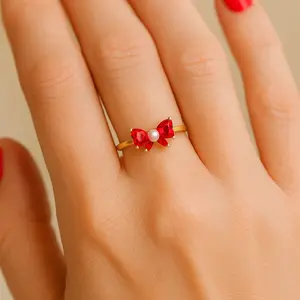 Red Bow Ring Pearl Center I Gold Adjustable Ring I Dainty Holiday Jewelry I Girly Statement Ring Christmas Gift