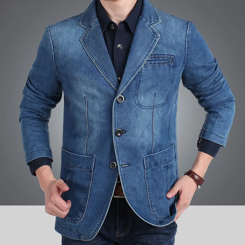 Men’s 100% cotton denim casual suit jacket — washed distressed, slim fit, single-breasted blazer; men’s pure cotton denim suit jacket; men’s business casual washed denim small suit jacket top