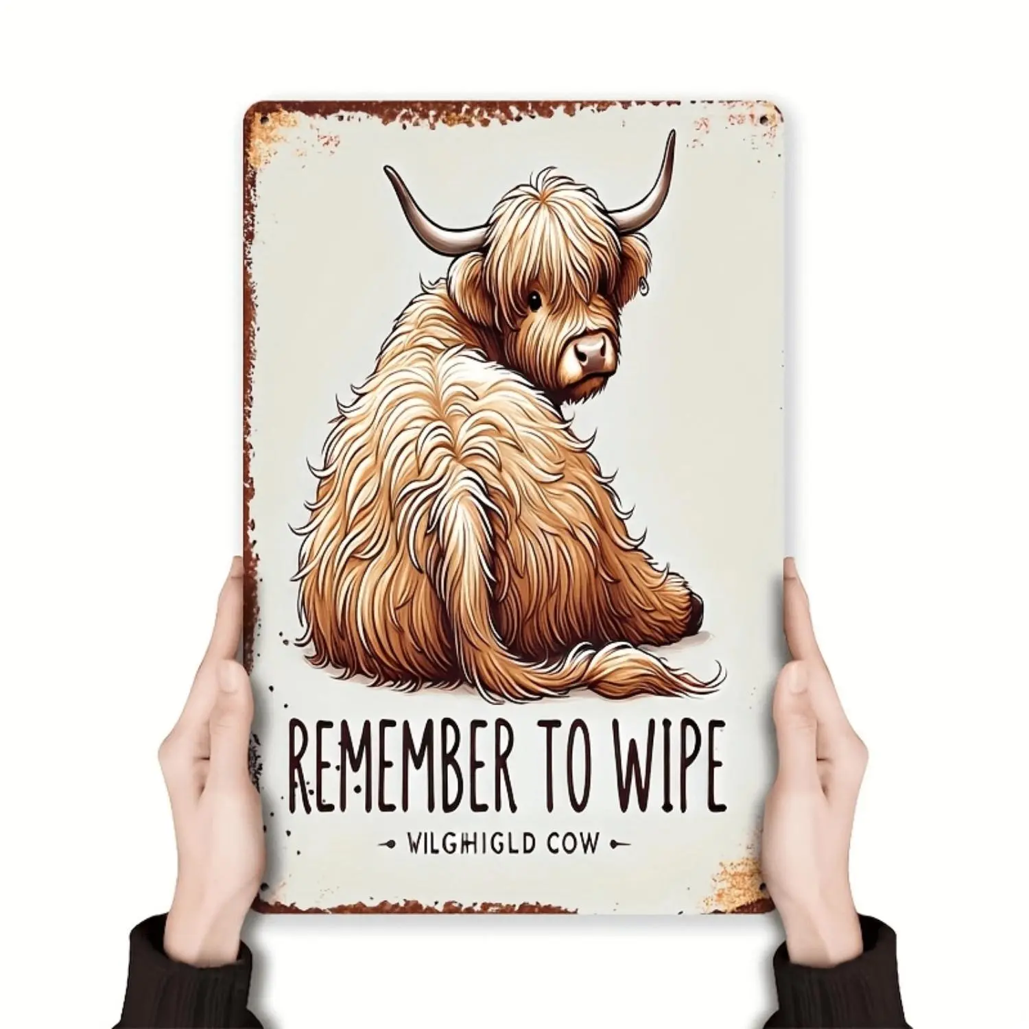 2D Flat 30x20cm Hanging Vintage Highland Cow Metal Wall Art Sign - 1pc Humorous "Remember to Wipe" Bathroom Decor, Rustic Iron Plaque for Home, Cafe - Ideal Mother's Day Gift