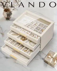VLANDO Jewelry Box for Women, Large 5-Drawer Jewelry Organizer with Glass Lid, Divided Compartments Jewelry Storage  Organization  Box for Necklaces, Rings, Earrings and Bracelets