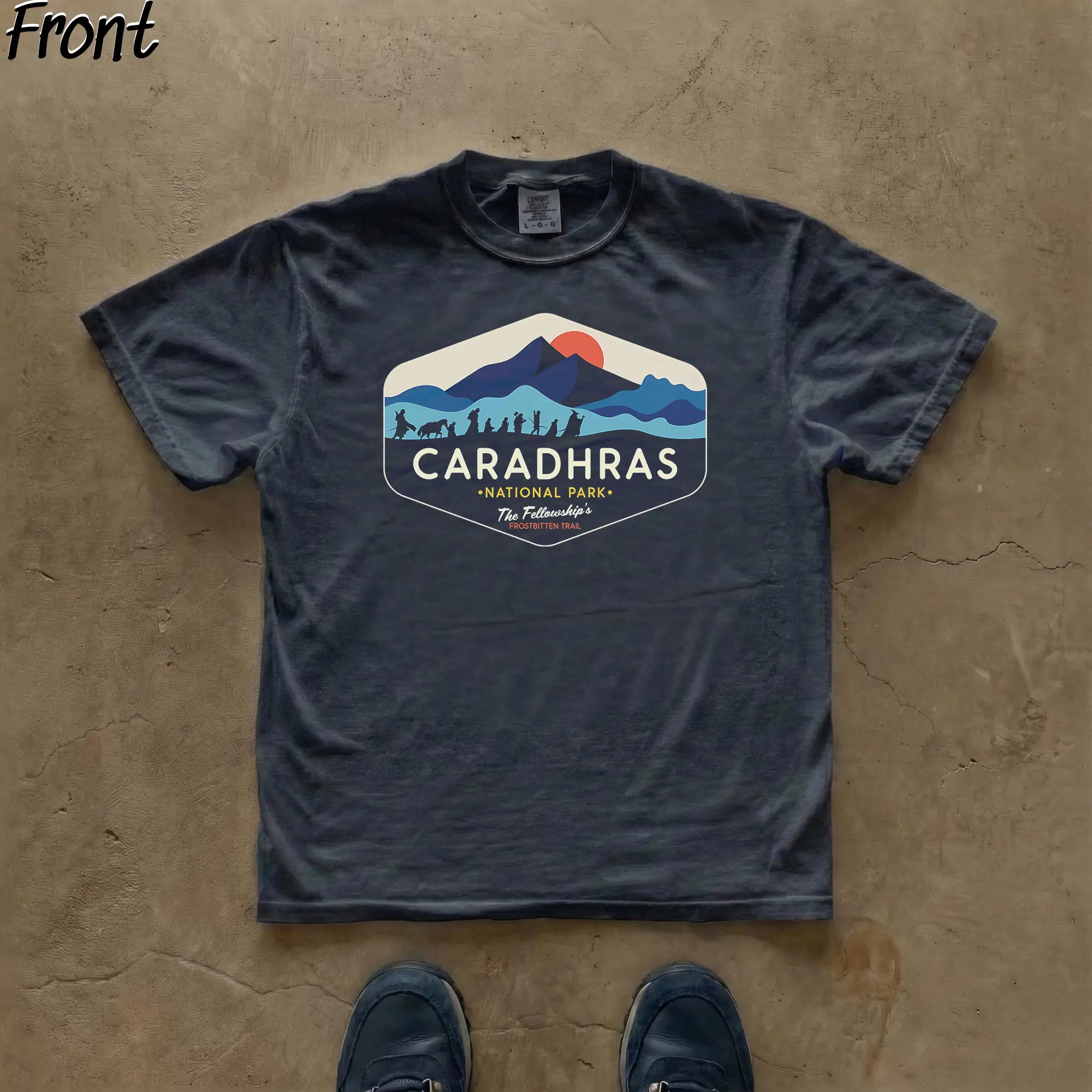 Gildan Men's Short-Sleeve Round Neck Vintage Casual T-Shirt - Menswear Streetwear Top, Caradhras National Park Graphic with "NATIONAL PARK" and "The Hobbits" Text, Medium Size, Vintage T-Shirts, Casual T-Shirts