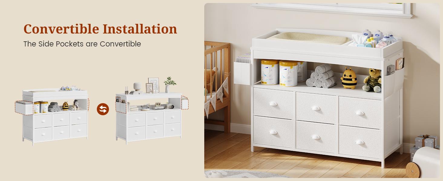 White Sturdy Wood & Engineered Wood Nursery Furniture Infant Changing Table Dresser - 6 Fabric Drawers, Changing Table Top, Storage Shelf, Modern Nursery Diaper Station