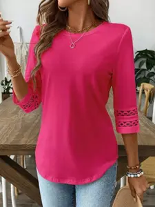 Women's Casual Lace Trim 3/4 Sleeve T-Shirt, Loose Round Neck Asymmetrical Hem, Daily Wear Top, Everyday, Comfortable and Stylish
