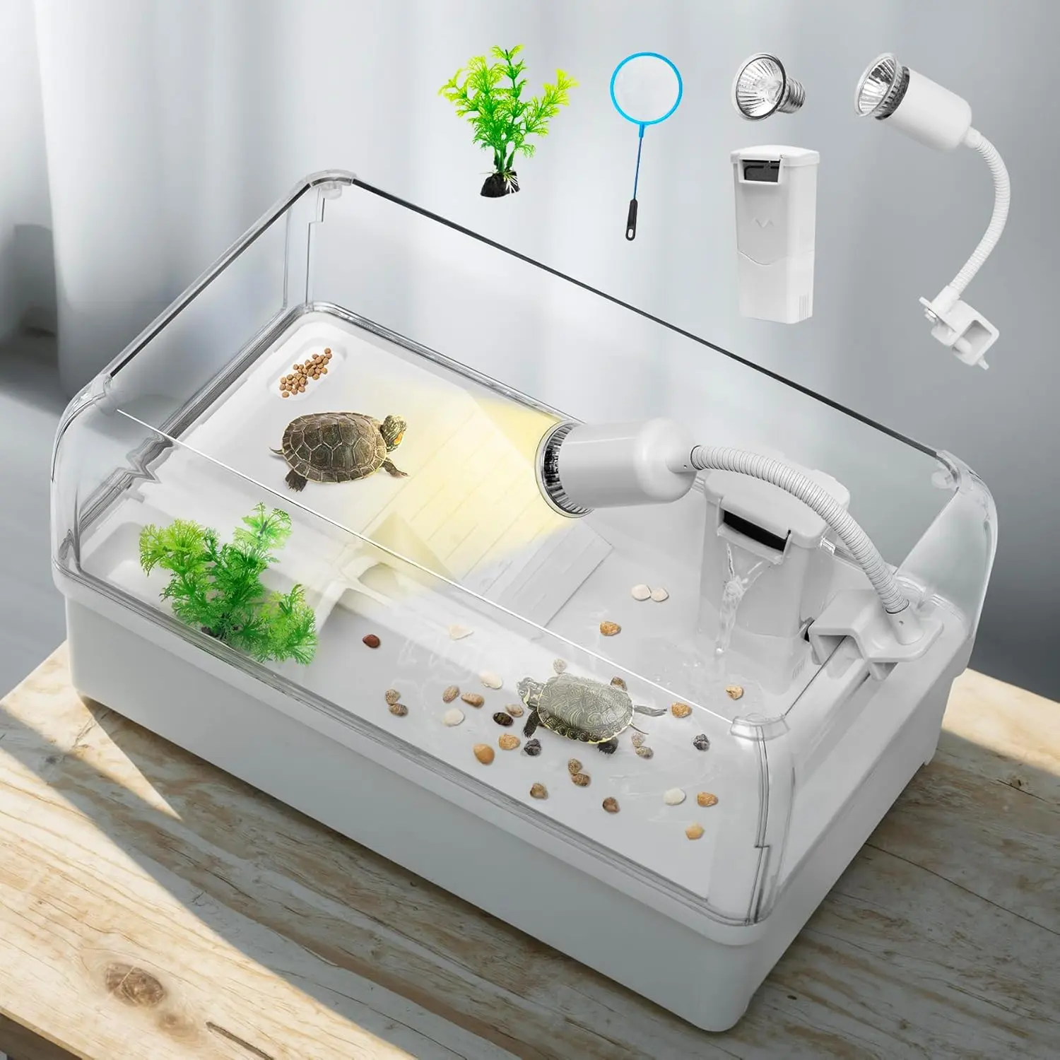 Turtle Tank Starter Habitat Kit – Complete Aquatic Terrarium Enclosure for Turtles with Silent Filter, UVB Basking Lamp, Anti-Slip Crawler Basking Platform, Built-In Hideout, Multi-Function Area, Drainage, Plants
