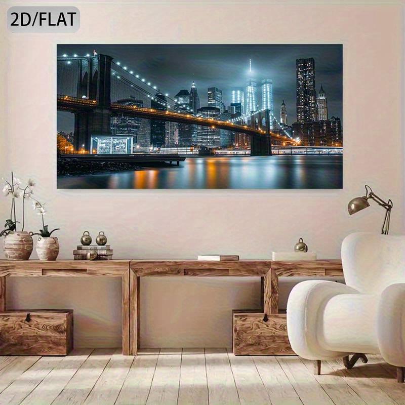 Wooden Framed Canvas Painting2D Flat Large modern New York skyline canvas wall art - Brooklyn Bridge and Skyscraper night view poster, bright urban decorative painting, suitable for living room, bedroom, office Wrapped in canvas