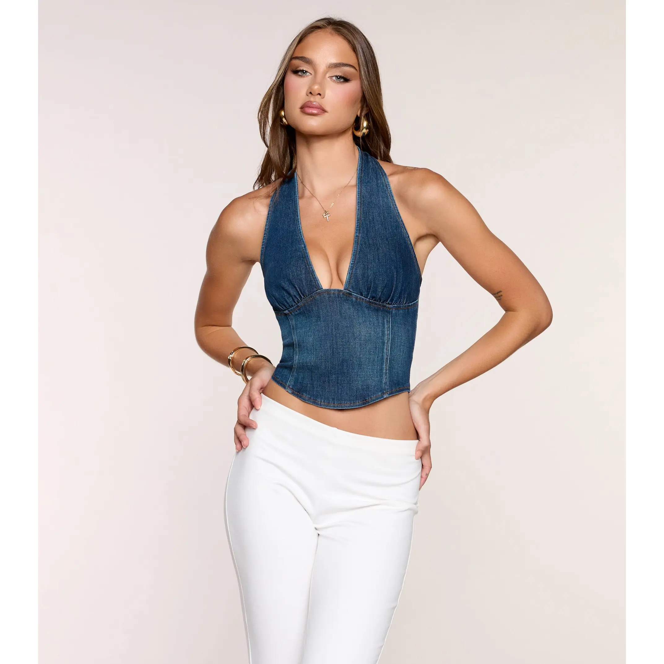 Weekend Dare Denim Halter Crop Top