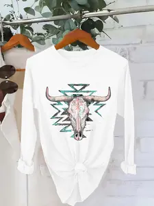 Women's Bull Head Print Round Neck Tee, Casual Long Sleeve Crew Neck T-shirt for Daily Wear, Ladies Clothes for All Seasons