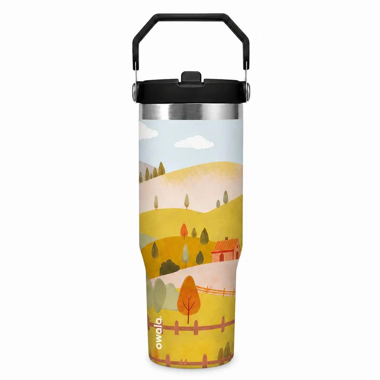 Owala 30oz Insulated Stainless Steel Tumbler with Carry Handle, Pastel Countryside Landscape Print, Leak-Resistant Lid, Reusable Travel Water Bottle for Work, School & Outdoor Use