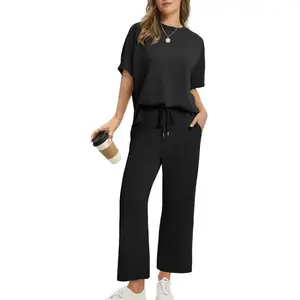 Women's Two-Piece Summer Outfit: Oversized Wide-Leg Cropped Pants Casual Set with Round Neck for Beach Vacation