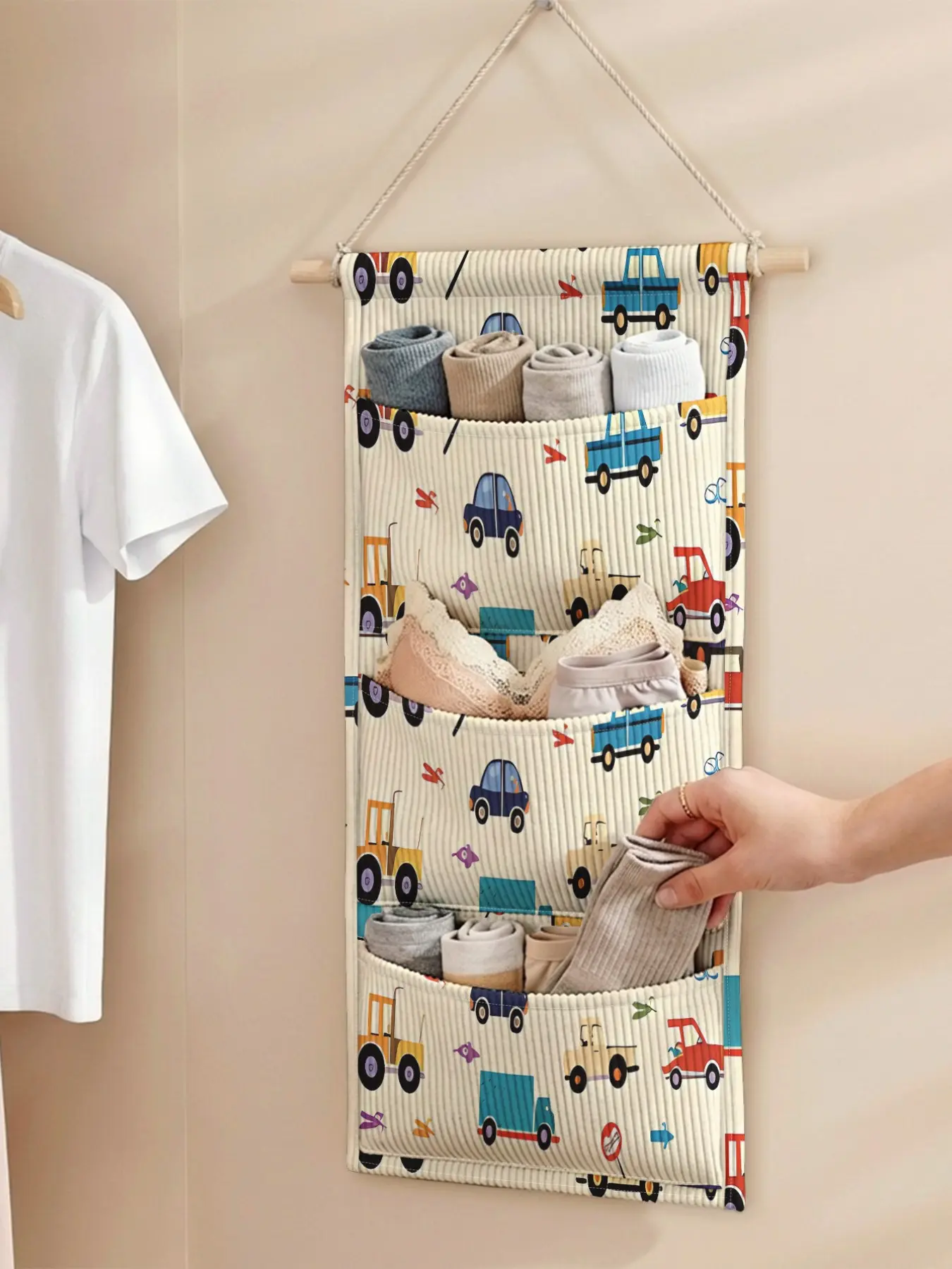 1pc Kitchen Door Hanging Storage Bag, Car Pattern 2D Print, Three-Layer Multi-Compartment, Organize Utensils, Spices, Towels, Small Items