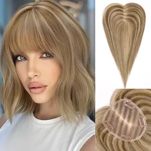 starluck Hair Toppers for Women Real Human Hair With Bangs, 100% Remy Human Hair Toppers for Women Hand-woven with Thinning Hair,Cover Gray Hair Roots,Adds Hair Volume,Mixed Blonde And Brown