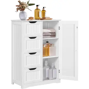 Wooden Floor Cabinet, Side Storage Organizer with 4 Drawers and 1 Cupboard, Freestanding Entryway Storage Unit Console Table, Bathroom Furniture Home Decor, White