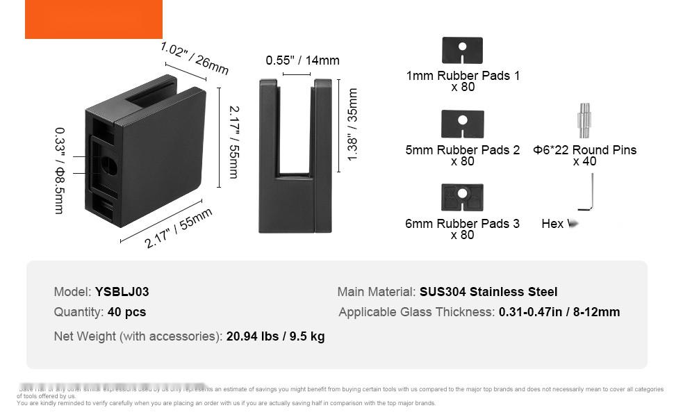 40-Piece Glass Clamp Set For 0.31-0.47 Inch Tempered Glass, 304 Stainless Steel Railing Brackets and Mounting Clamps, Square Glass Shelf Brackets For Balcony, Garden, Deck, Stair, Black