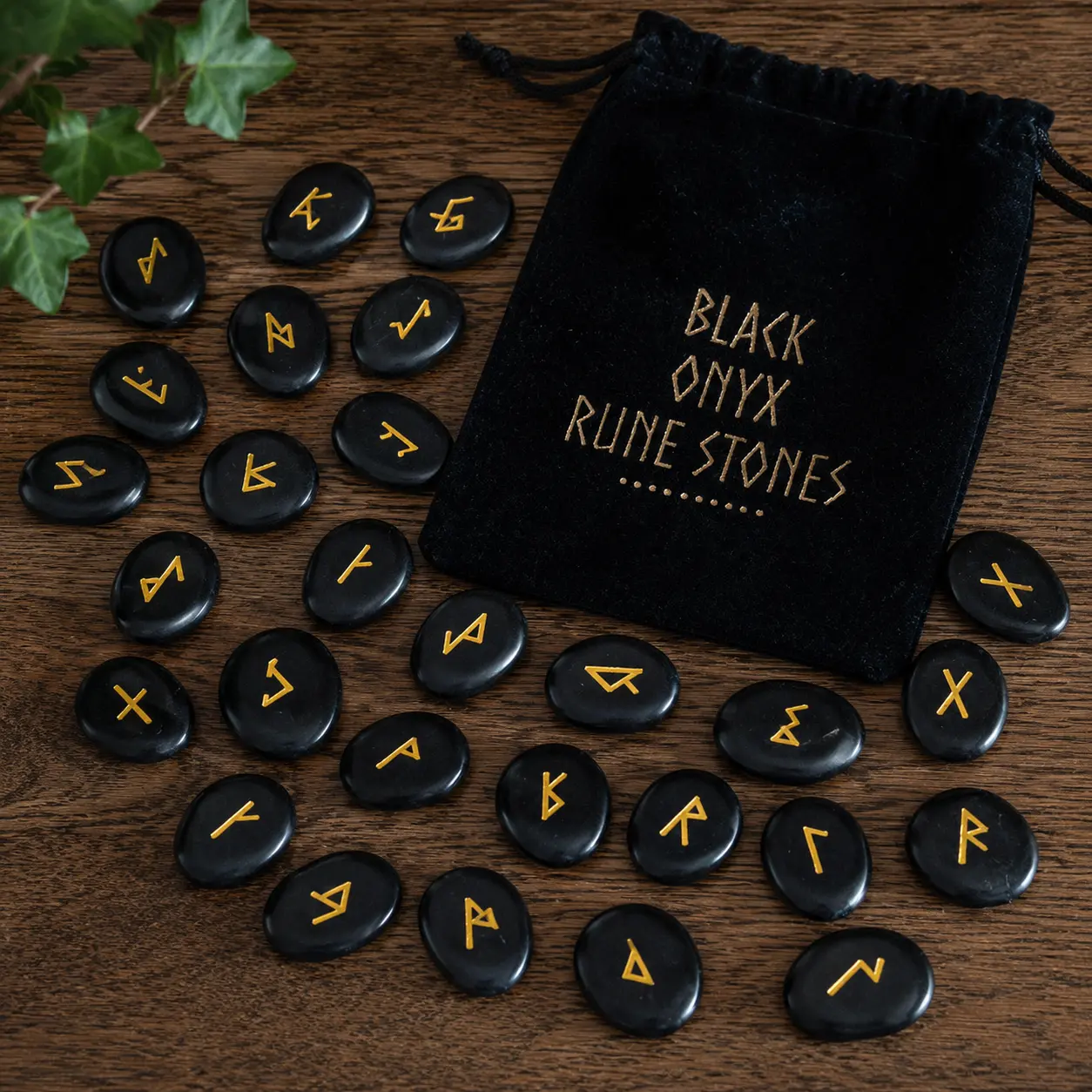 Polished Black Onyx Viking Rune Stones Set - 25 Engraved Traditional Rune Symbols Norse Mythology Divination Stones with Drawstring Pouch, Pagan Altar Décor Collectibles