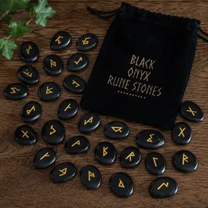 Black Onyx Viking Rune Stones Set – 25 Norse Divination Runes with Drawstring Pouch