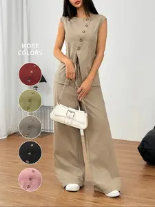 ELI Women's Solid Woven Button Front Vest Jacket & Loose Wide Leg Pants Set, Casual Split Hem Sleeveless Top & Pocket Trousers for Summer, Ladies Clothes for Daily Wear
