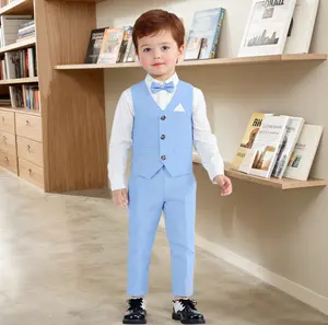 Boys Suit Set Formal Dress Shirt with Bow Tie, Slim Vest and Pants Toddler Boy Clothes Suits