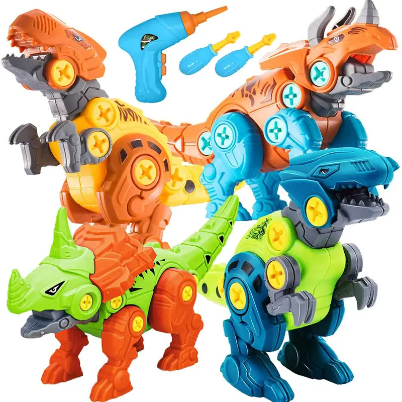 Electric Drill Dinosaur Toys - 4-Pack Take Apart Construction Set for Imaginative Play