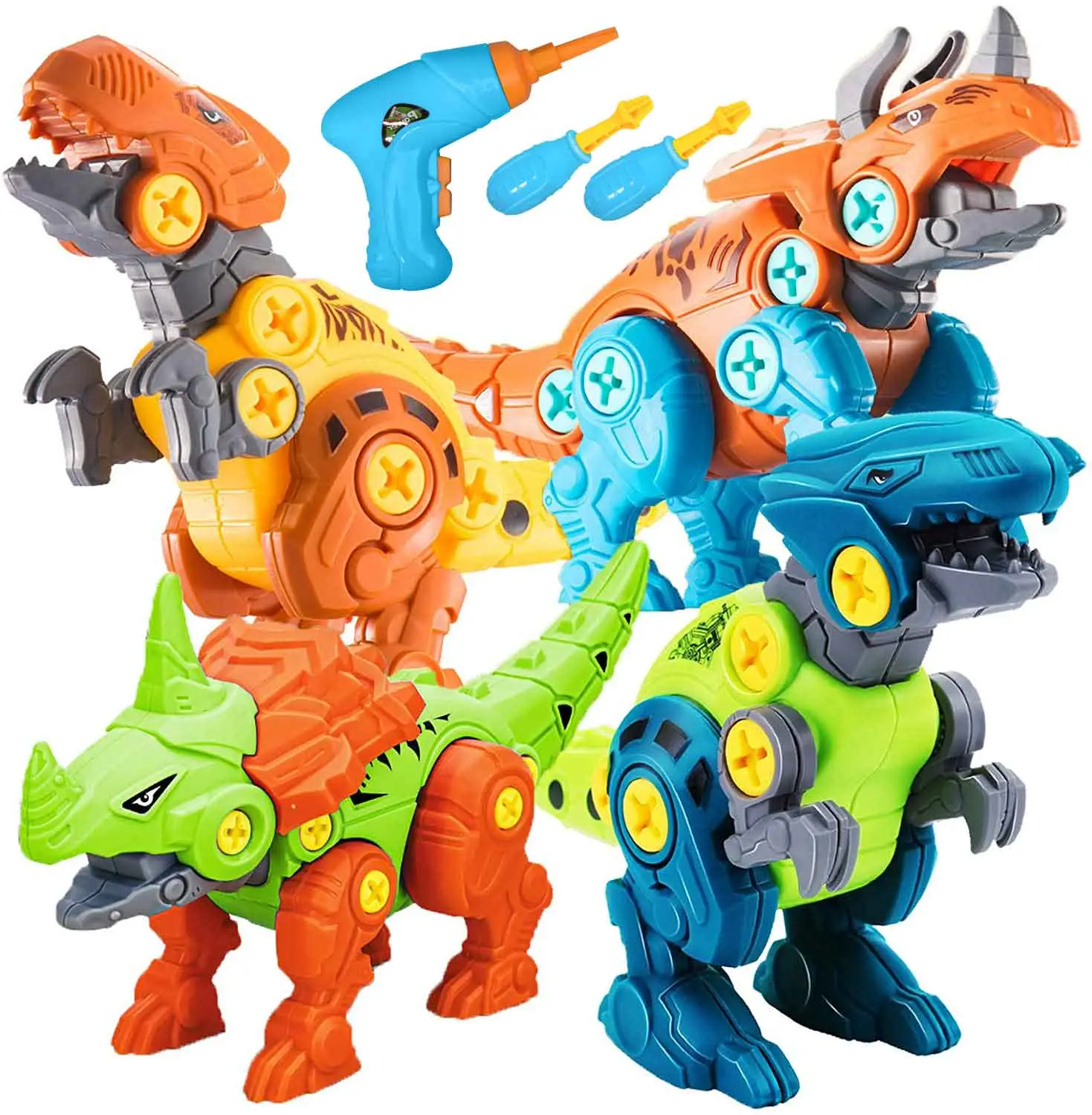 Electric Drill Dinosaur Toys - 4-Pack Take Apart Construction Set for Imaginative Play