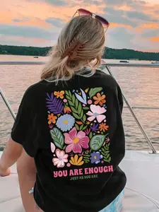 You Are Enough Floral T-Shirt, Inspirational Flower Graphic Tee With Just As You Are Back Print, Positive Mental Health Shirt, Colorful Garden Casual Outfit Gift for Women