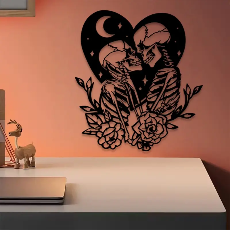 1pc Vintage Skeleton and Rose Metal Wall Art, Unframed Wall Art, Statue Mural, Decorative Artwork, Perfect for Bedroom, Boudoir, Valentines Decoration, Ideal Gift for Romance Seekers