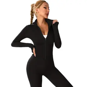 Sexy Skinny Women's Solid Color Coats Sports Jacket with Slight Stretch Long Sleeve Zipper Top for Fall Casual Womenswear Comfort Basic Black Polyamide