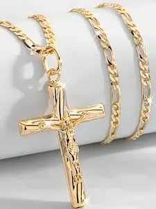 Fashion Hip Hop 14k Gold Plated Jesus Cross Pendant Necklace, Simple Sacred Hollow Cross Jewelry, Holiday Prayer Blessing Gift