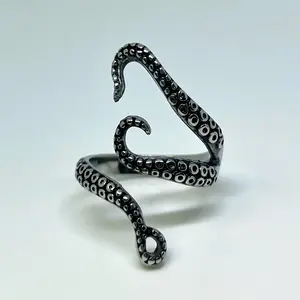 Stainless Steel Octopus Tentacle Wrap Ring – Ocean Goth Statement Band