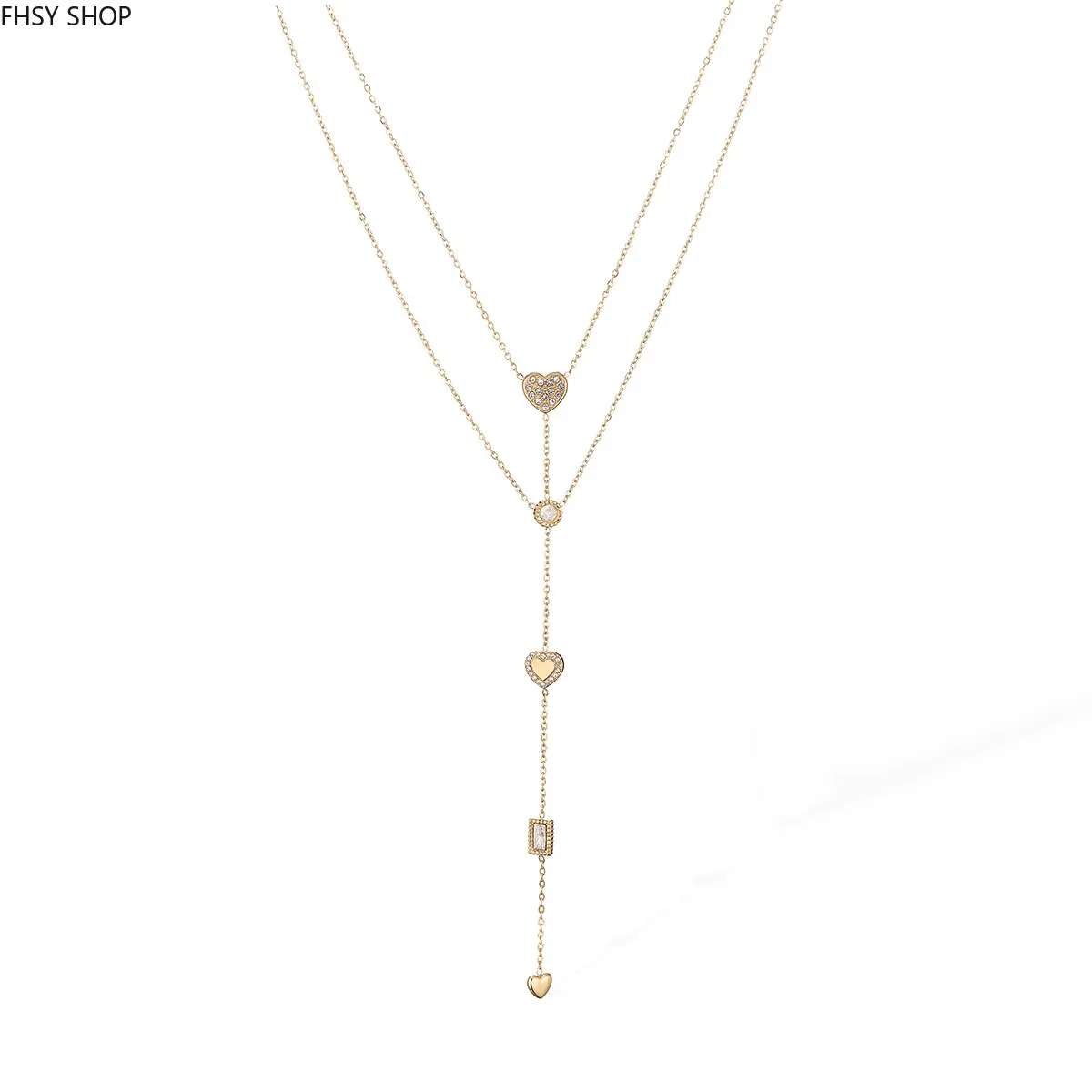 FHSY SHOP Layered Gold Lariat Necklace with CZ Hearts & Rectangles 14K Gold Plated Y‑Drop Pendant for Women, Minimalist Luxury & Everyday Wear
