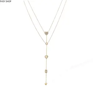 FHSY SHOP Layered Gold Lariat Necklace with CZ Hearts & Rectangles 14K Gold Plated Y‑Drop Pendant for Women, Minimalist Luxury & Everyday Wear