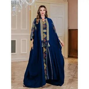 2025 Hot Deal Eid Heavy Duty Embroidery Royal Blue Muslim Abaya Light Luxury Evening Dress Two Piece Set