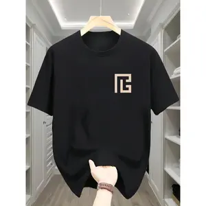 Men's 100% Cotton T-Shirt, Casual Geometric Print, Comfortable Short Sleeve Crew Neck Tee, Black with Golden Logo Design, All-Match Sportswear for Casual Attire