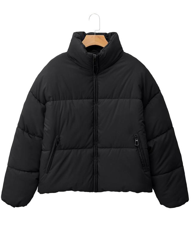 Polu Women's Winter Cropped Puffer Jacket Oversized Long Sleeve Full Zip Puffy Coat Warm Quilted Jacket with Pockets