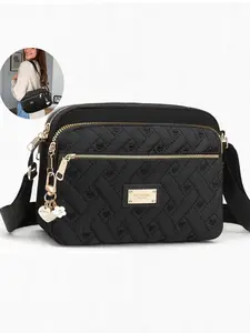 High-Quality Gold Heart Flower Zipper Messenger Bag, Multi-Pocket Design, Embroidered Heart Craft, Casual Embellished Shoulder Bag for All Seasons