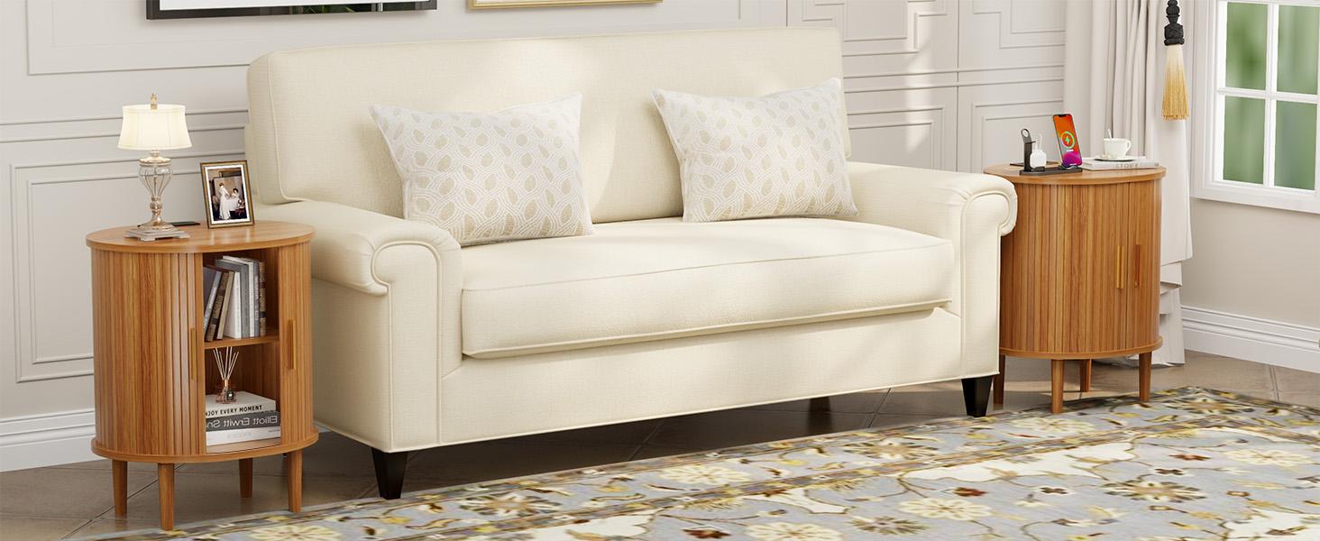 DHH Modern Yellow Oak Oval Nightstand with Charging Station, Aesthetic Bedside Table with Power Outlets, Versatile Fluted End Table for Living Room, Bedroom & Entryway