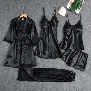 Women's Summer Ice Silk Sexy Homewear Set Long Sleeve Thin Plus Size Five-Piece Pajama Loungewear Basic Champagne Minimalist Nightwear Womenswear Pjs Basic Minimalist