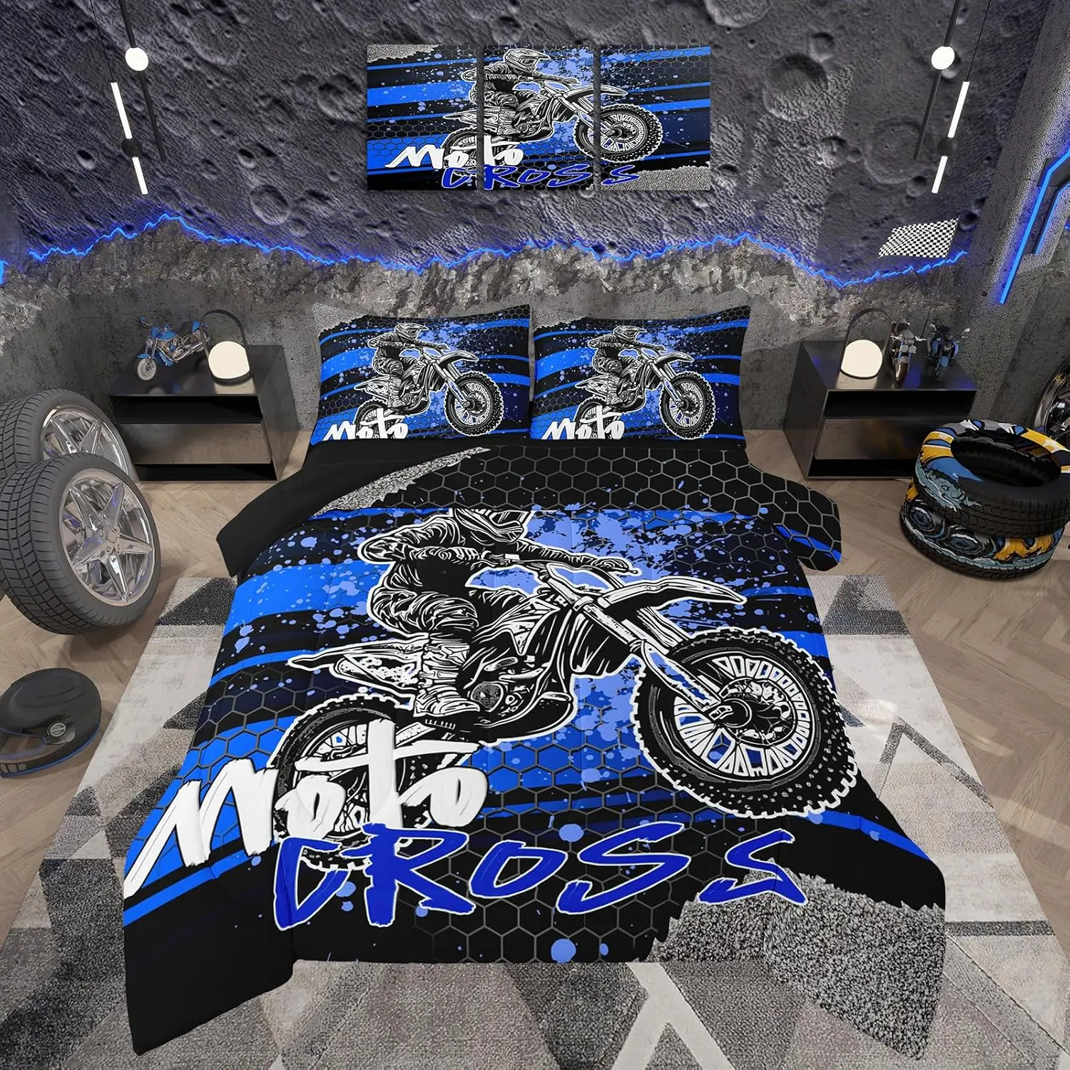 Kids Dirt Bike Comforter Set,Extreme Sports Bedding Set Bedroom Room Decor,Motocross Rider Comforter,Motorcycle Bed Set